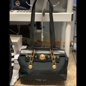 💚💚 Versace Black Sun Medallion Nylon & Leather Shoulder Bag ☀️